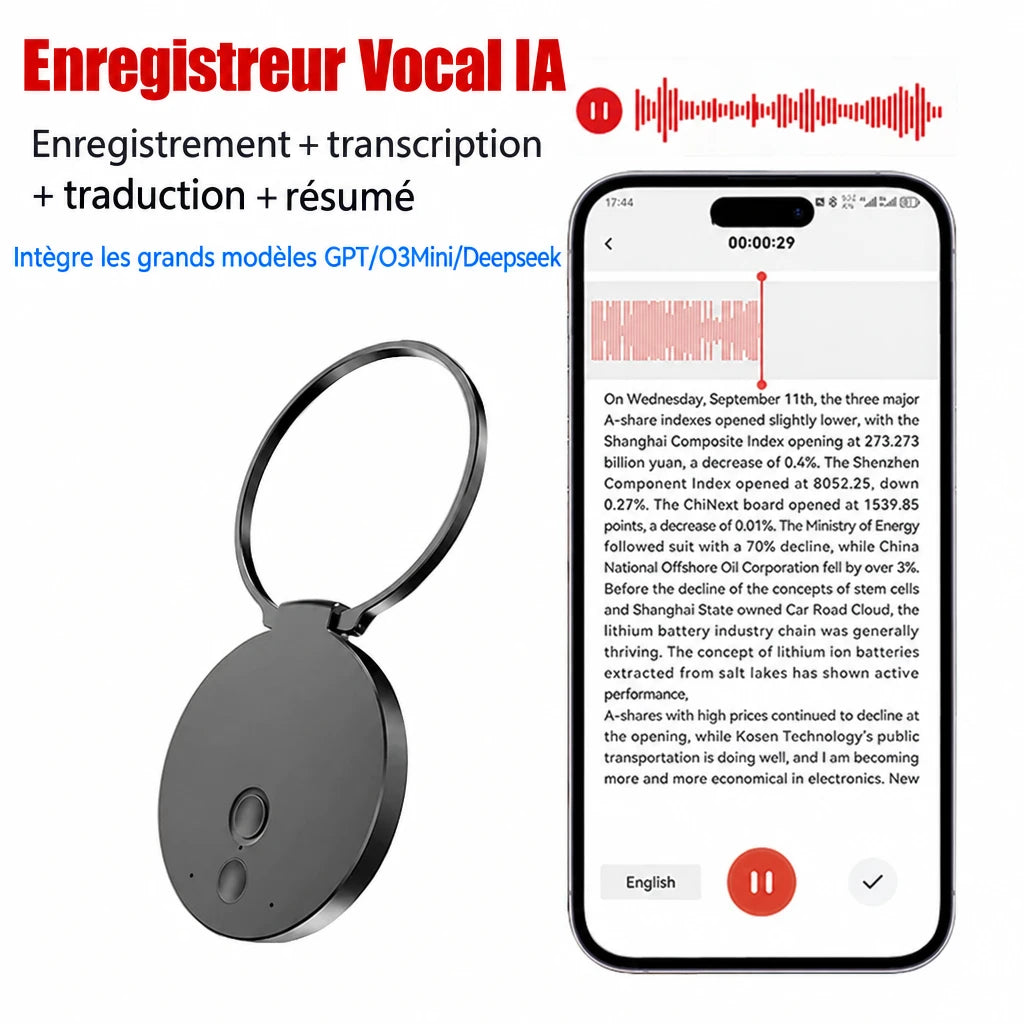 Enregistreur Vocal IA Magnétique – Transcription, Résumé & Traduction